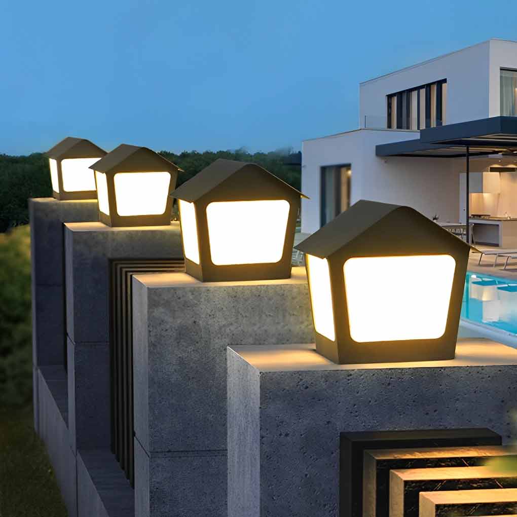 Cottage-Shaped Outdoor Pillar Light — Stainless Steel & Acrylic, Solar / Hardwired, LED, IP54, Warm White 3000K