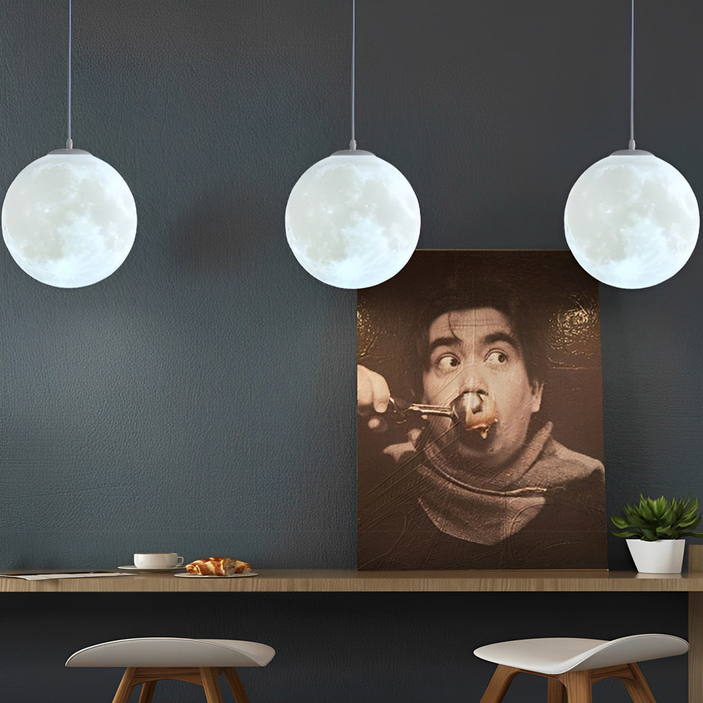 3D Moon Sphere Pendant — Iron, Lunar-Texture Lampshade, Adjustable Hanging Wire, 7.9"–15.7"
