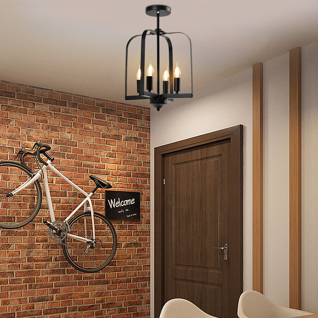 Industrial Iron Cage Chandelier — Black Iron, 1-Light or 4-Light, Hardwired