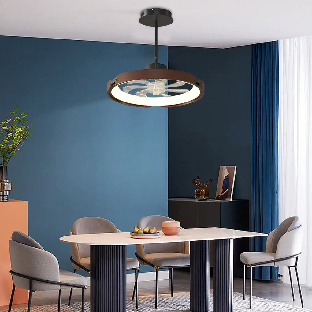 Modern Bladeless Ceiling Fans with Round Wood Design, LED Lighting, and 3-Step Dimming App Control Luxe