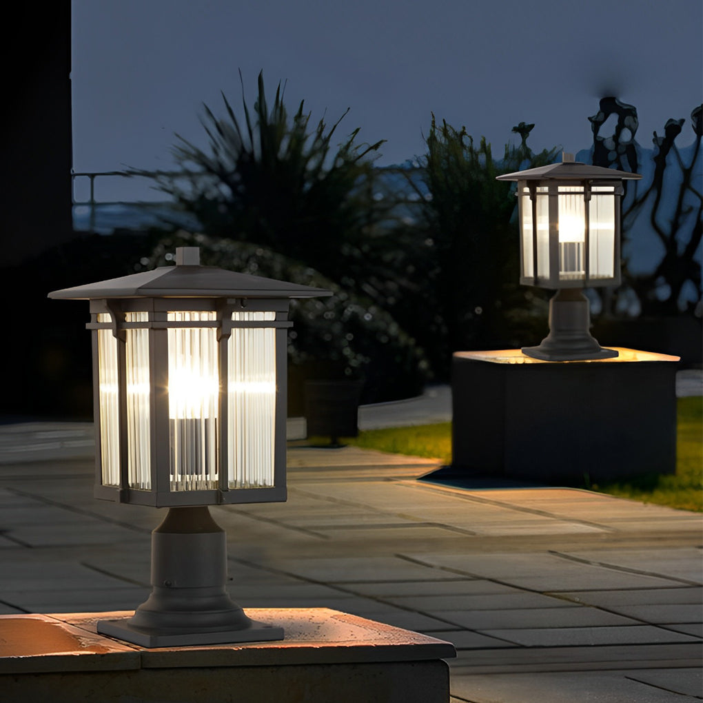 Modern Industrial Outdoor Post Light — Black Die-Cast Aluminum, Striped Glass Shade, E27 LED, IP23 Waterproof