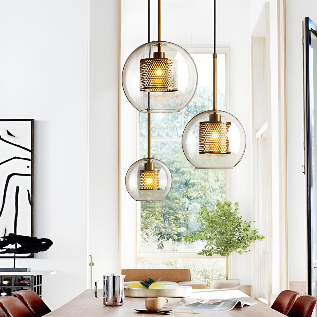Industrial Minimalist Round Glass Pendant Light — Clear Glass, LED, Kitchen Island