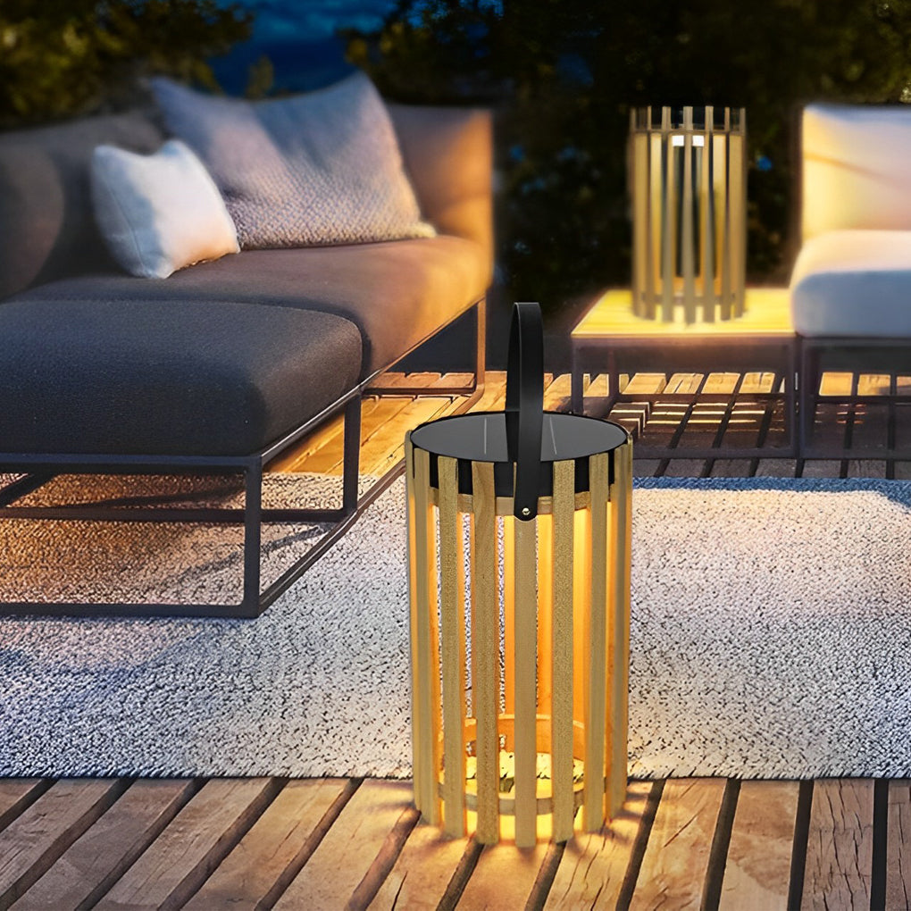 Rustic Modern Solar Portable Lantern — Wood and Aluminum, LED Warm White (3000K), Waterproof, 8" × 12"
