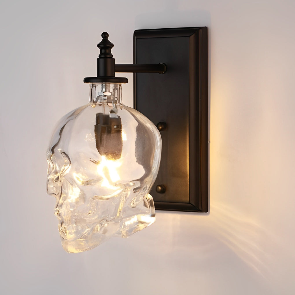 Industrial Skull Wall Sconce — Black Iron and Glass, E14, Warm White 2700–3200K