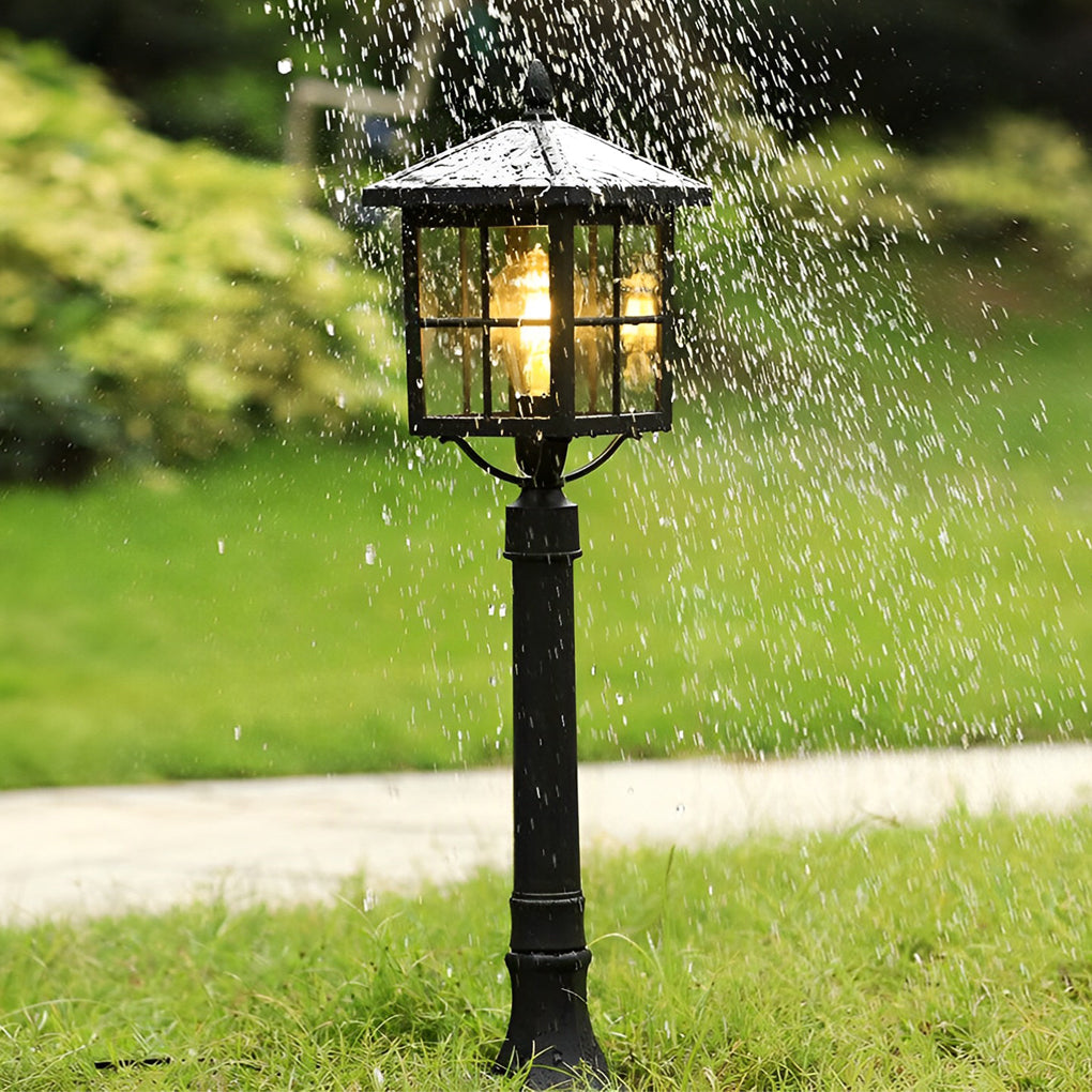 Retro Pavilion-Inspired Outdoor Post Light — Die-Cast Aluminum, Black, E27, Solar / Hardwired, IP23