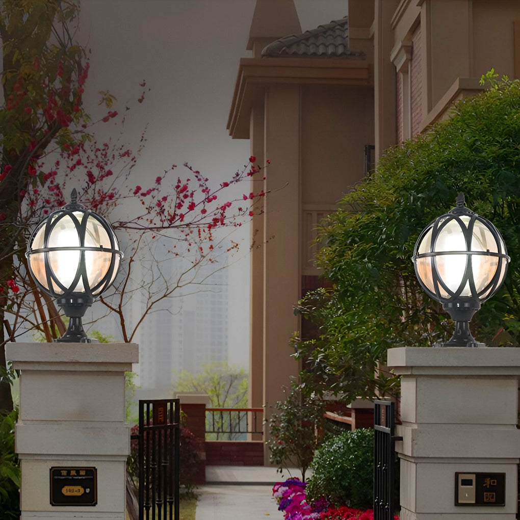 Round Glass Outdoor Post Cap Light — Aluminum, E27, Waterproof, Black or Bronze
