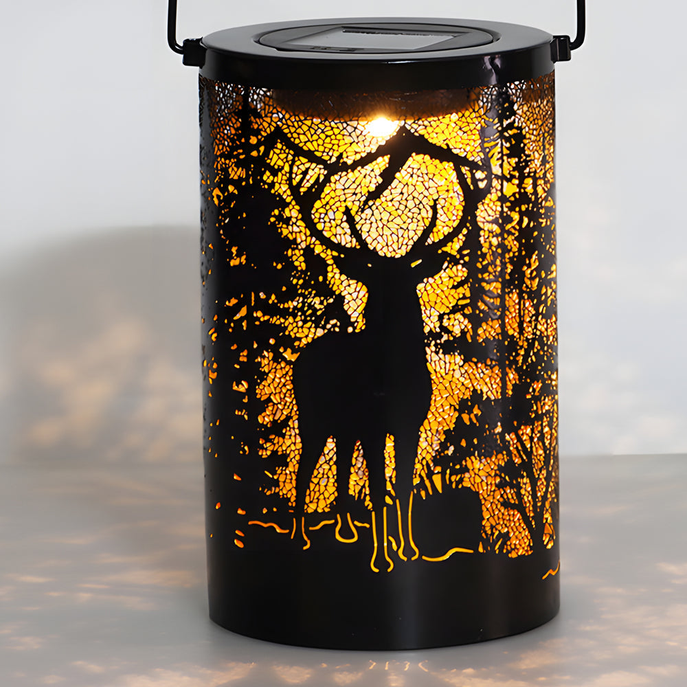 Iron Hollow Deer Silhouette Hanging Solar Lantern — Black, LED, IP65 Weatherproof, Warm White 3000K