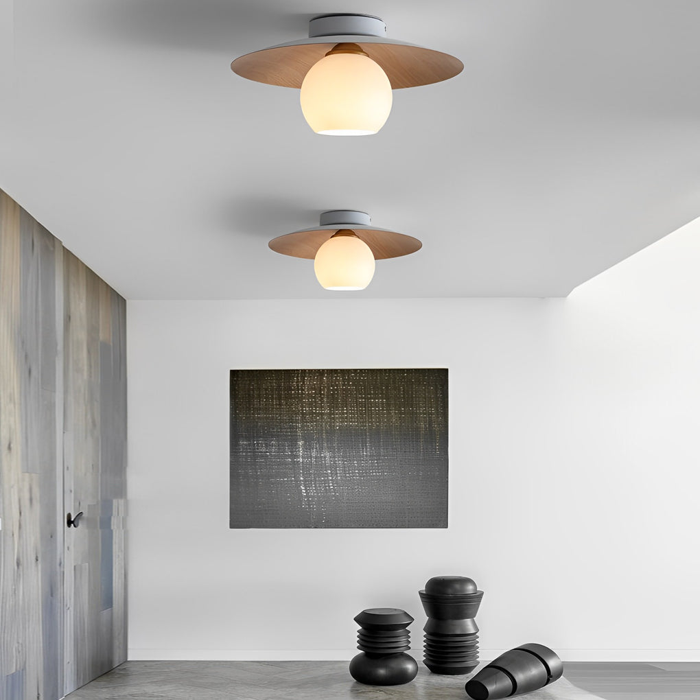 Bowl-Shaped LED Flush-Mount Ceiling Light — Iron and Glass, Imitation Wood Texture, 13.8", 3000K Warm White