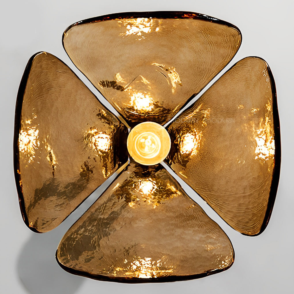 Four-Petal Flower Pendant — Amber Glass, H65 Brass, Retro, 10" or 16" Diameter