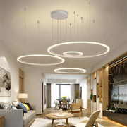 Four-Ring Geometric LED Chandelier — Metal and Acrylic, Dimmable, 11.8"–35.4" Rings, Black / White / Gold