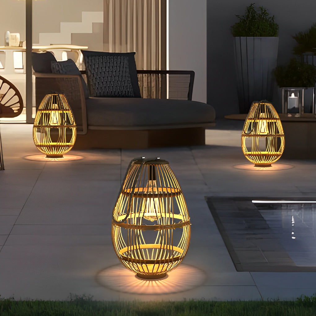 Rustic Modern Solar Portable Lantern — Wood and Rattan, LED, 3000K Warm White, IP65 Weatherproof, 7" × 11"