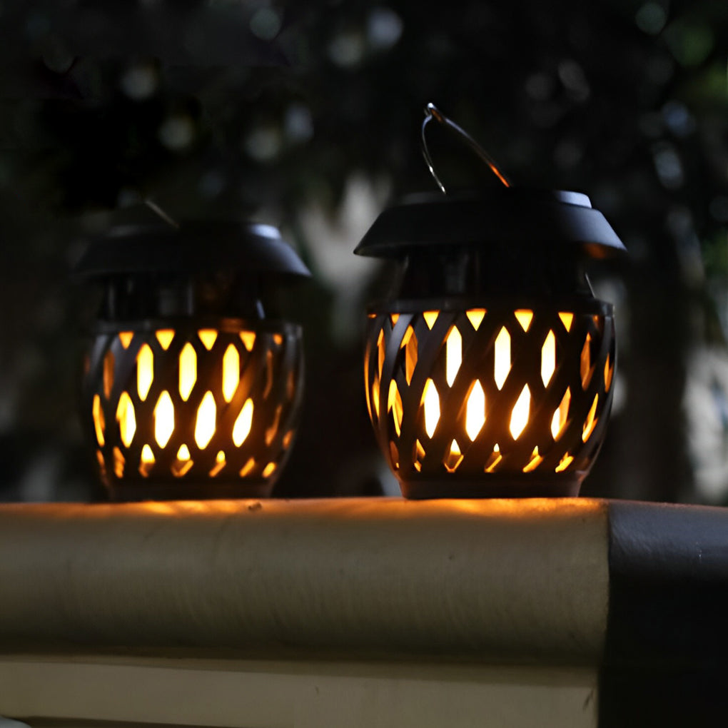 Flickering Flame Portable Solar Lantern — ABS + PC, LED 0.5W, USB Rechargeable, IP55, 3-Mode, Black