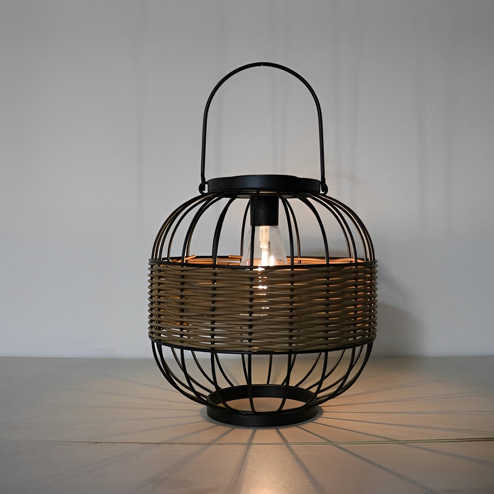 Rattan Cage Portable Outdoor Solar Lantern — Rustic Modern, IP55 Weatherproof, 9" Diameter