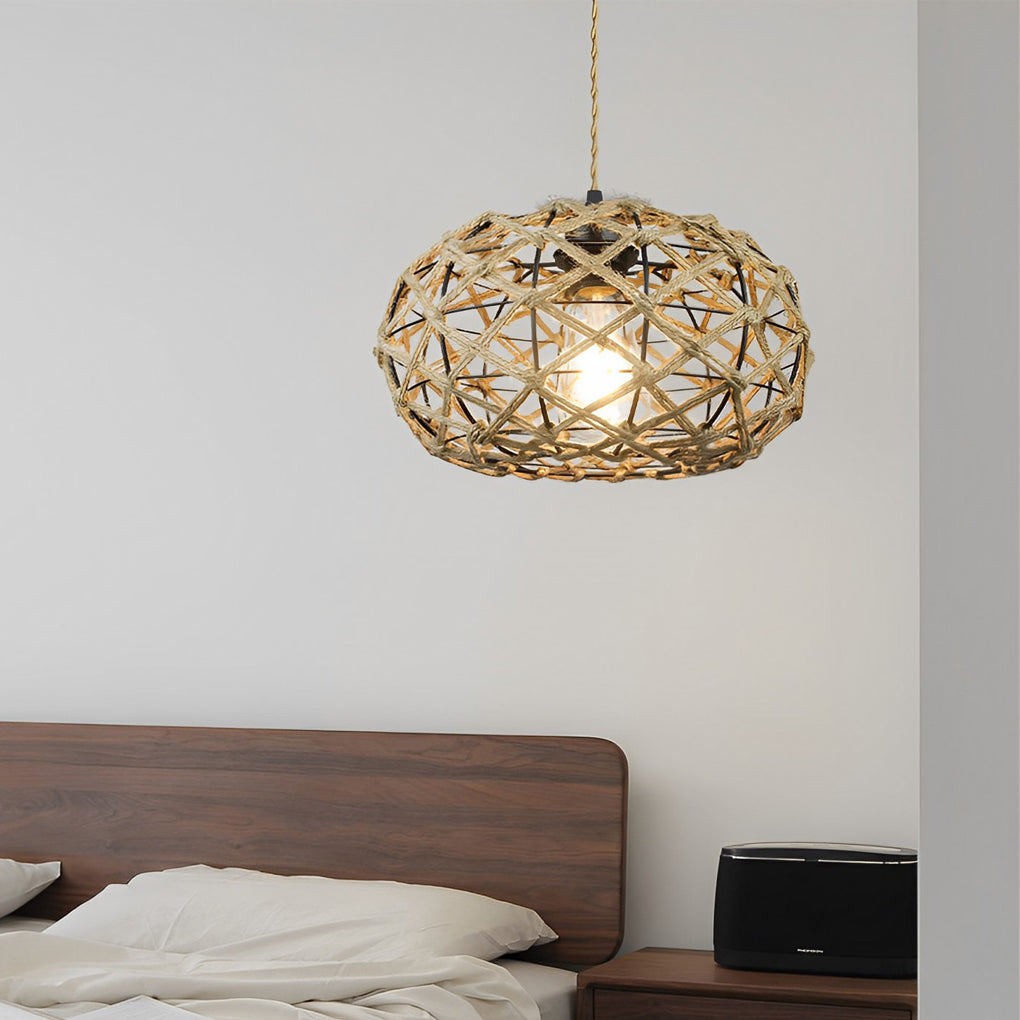 Beige Retro Minimalist Round Hand-Woven Cage Rope Ceiling Light Chandelier