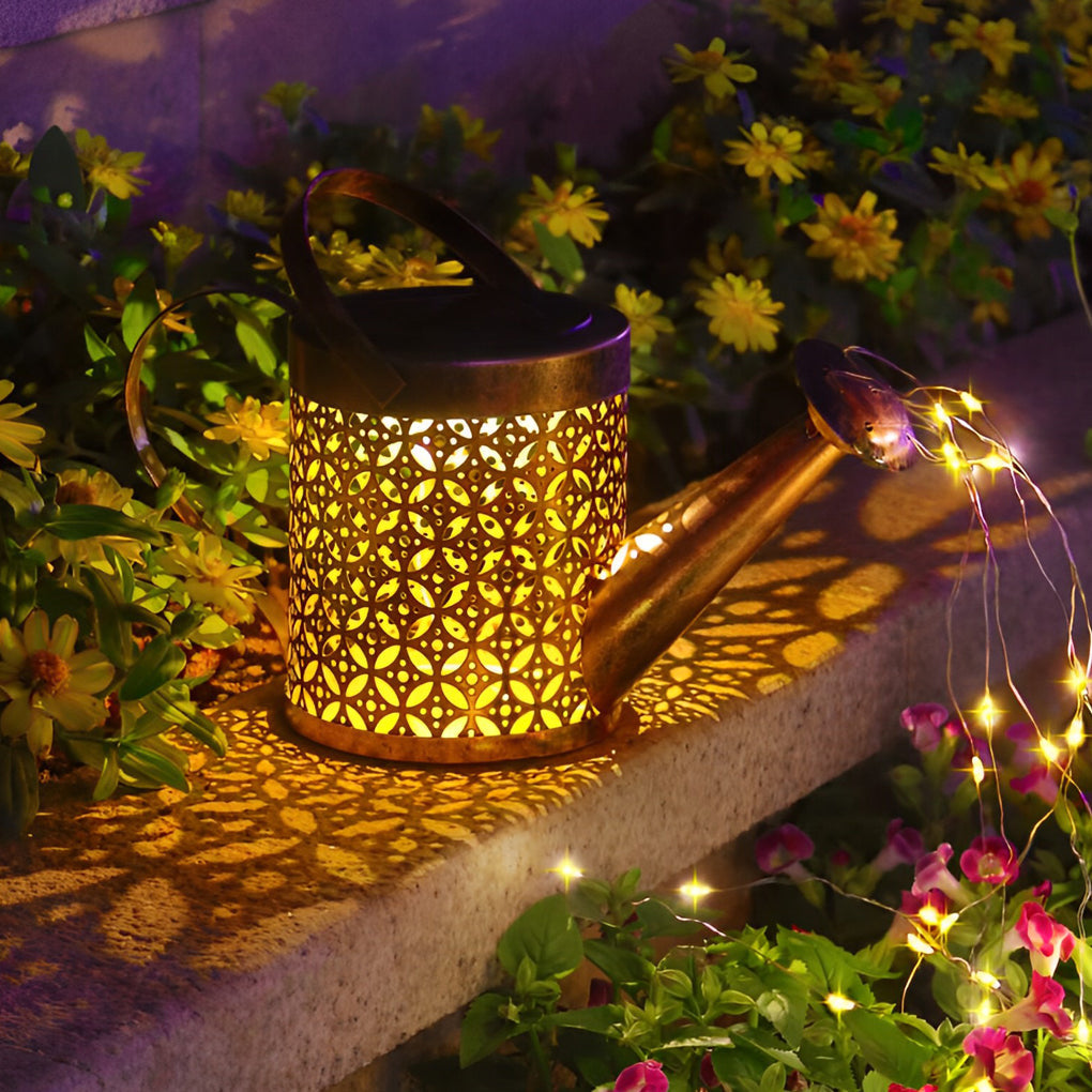 Iron Kettle Shower Solar Garden Light — Iron, LED, IP55 Weatherproof, Dusk-to-Dawn