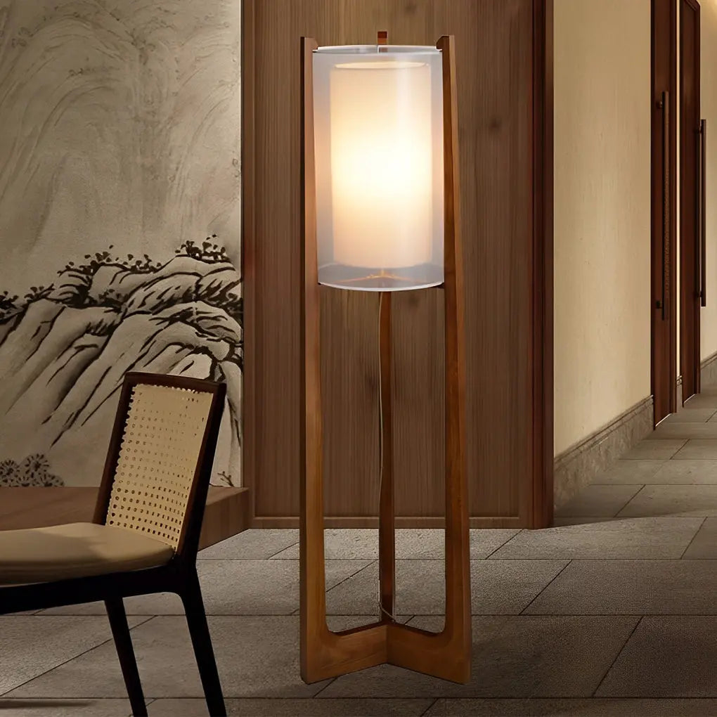 Double-Shaded LED Floor Lamp in Rustic Japanese Style with Wood Stand Luxe