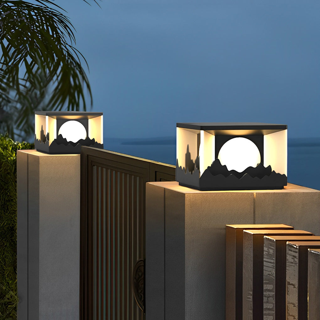 Mountain Scenery Solar Fence Post Cap Light — Stainless Steel & Acrylic, LED, IP65 Weatherproof, 3000K Warm White