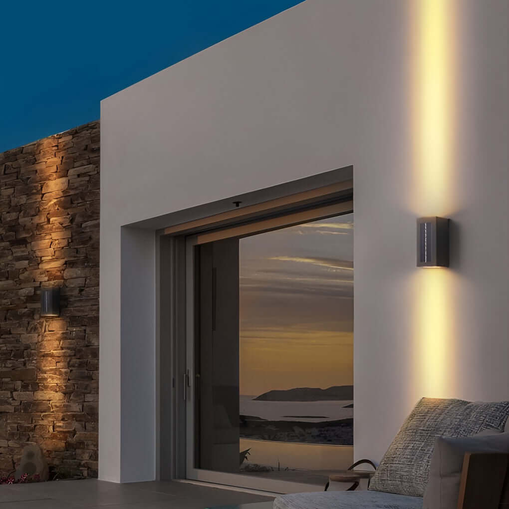 Modern Rectangular Solar Up/Down Wall Sconce — Aluminum & Glass, COB + LED, IP65, 3000K Warm White
