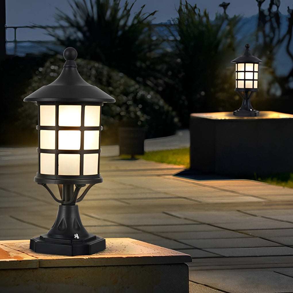 Modern Black Round Cage Solar / Hardwired Pillar Light — Die-Cast Aluminum & Glass, LED, IP65, 3-Step Dimming, Remote Control