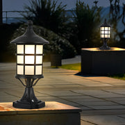 Modern Black Round Cage Solar / Hardwired Pillar Light — Die-Cast Aluminum & Glass, LED, IP65, 3-Step Dimming, Remote Control