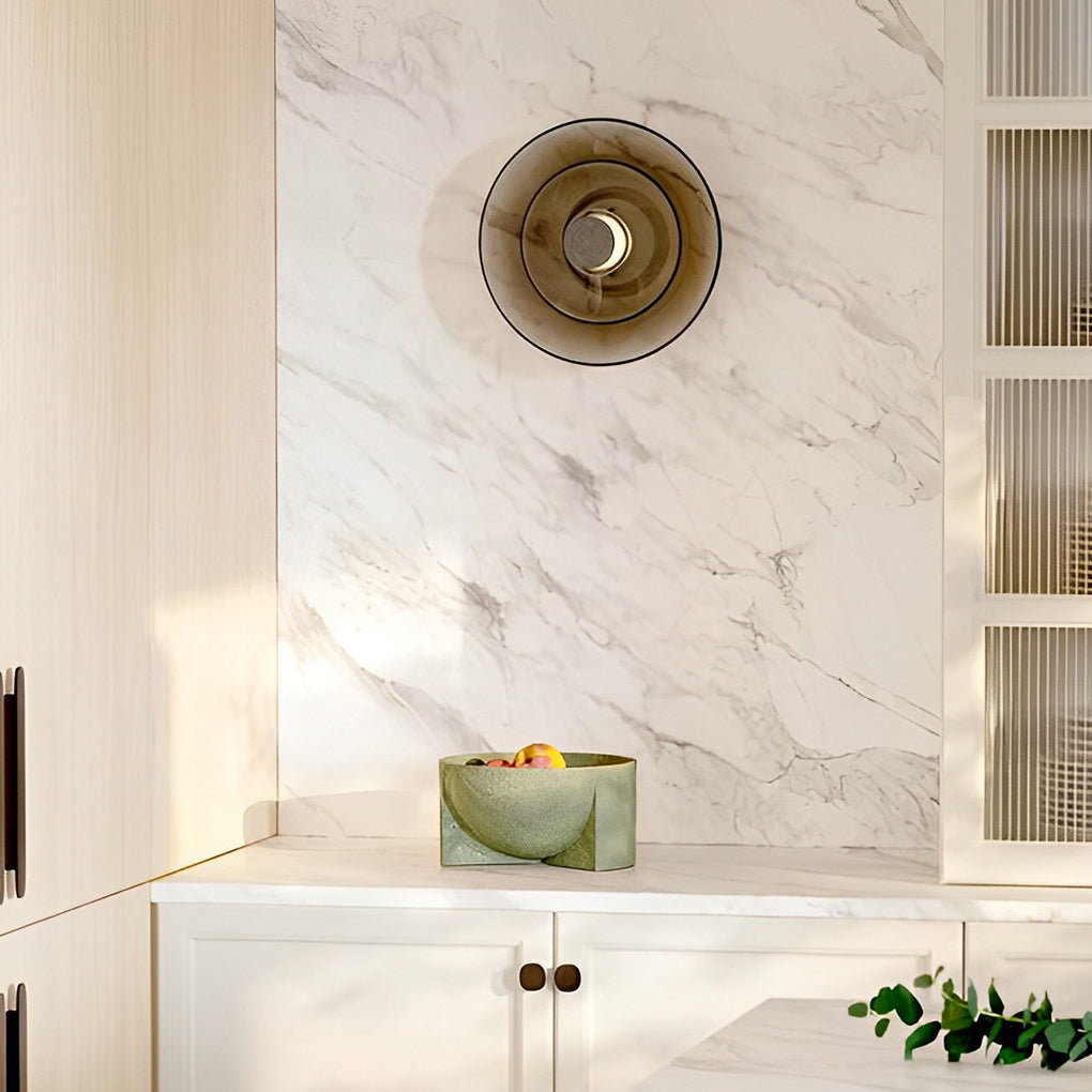 Double-Layer Round Glass Wall Sconce — Electroplated Metal, LED, 3000K Warm White, Hardwired
