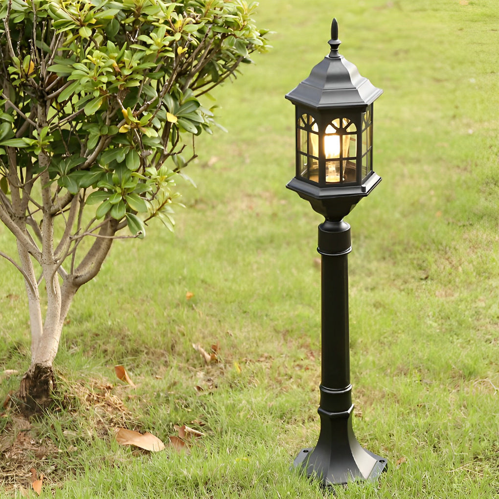 Slim Industrial Outdoor Post Light — Die-Cast Aluminum, Cylindrical Glass, E27, 32" H, Black / Bronze