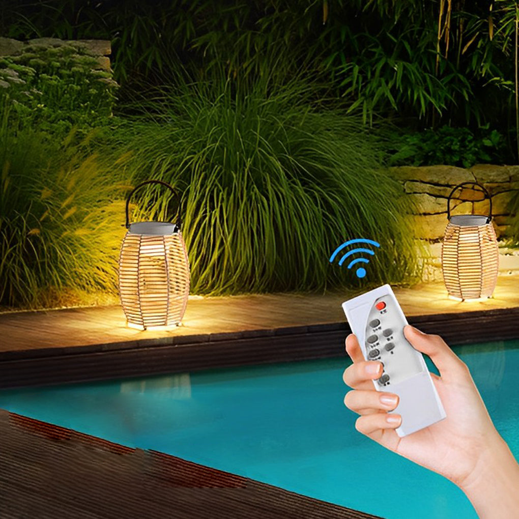 Rattan Solar Portable Outdoor Lantern — Stainless Steel, 3000K Warm White, IP54 Weatherproof, 180° Rotating Handle