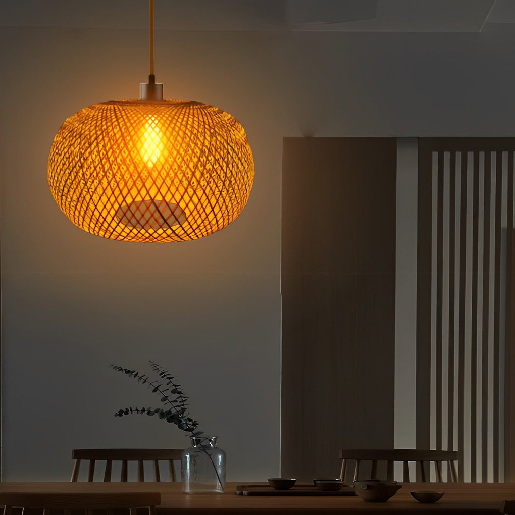 Round Hand-Woven Bamboo Rattan Chandelier — Rustic Modern, 17" Diameter, E26/E27