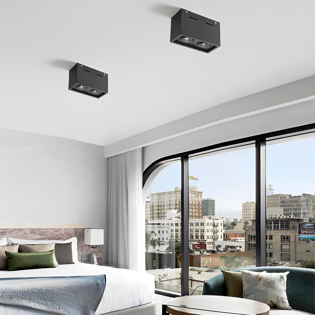 Modern Rectangular Surface-Mount Spotlight — Aluminum, 2-Light, 18W LED, 360° Adjustable, Anti-Glare