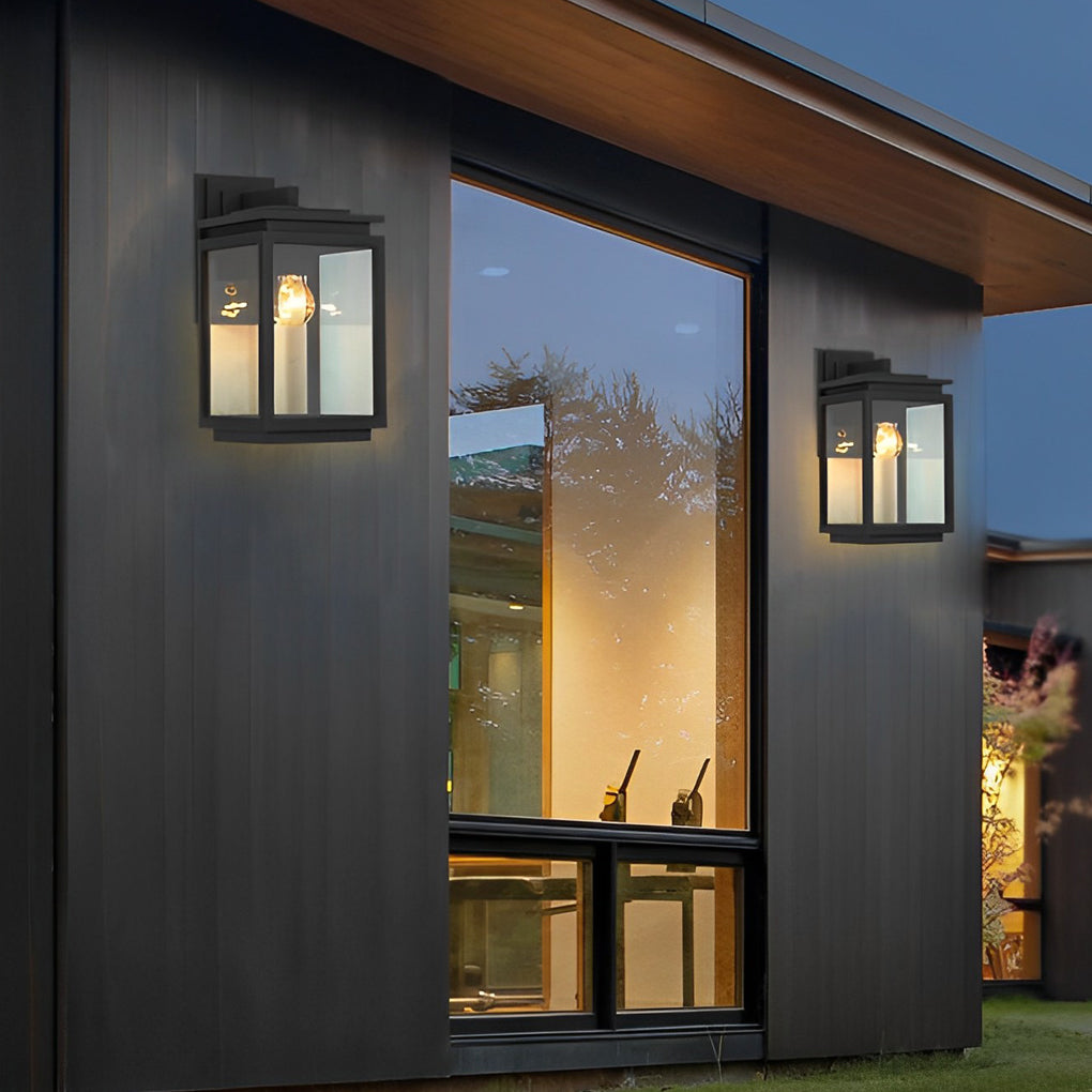 Industrial Outdoor Wall Sconce — Black Die-Cast Aluminum and Glass, Rectangular, Waterproof, E27