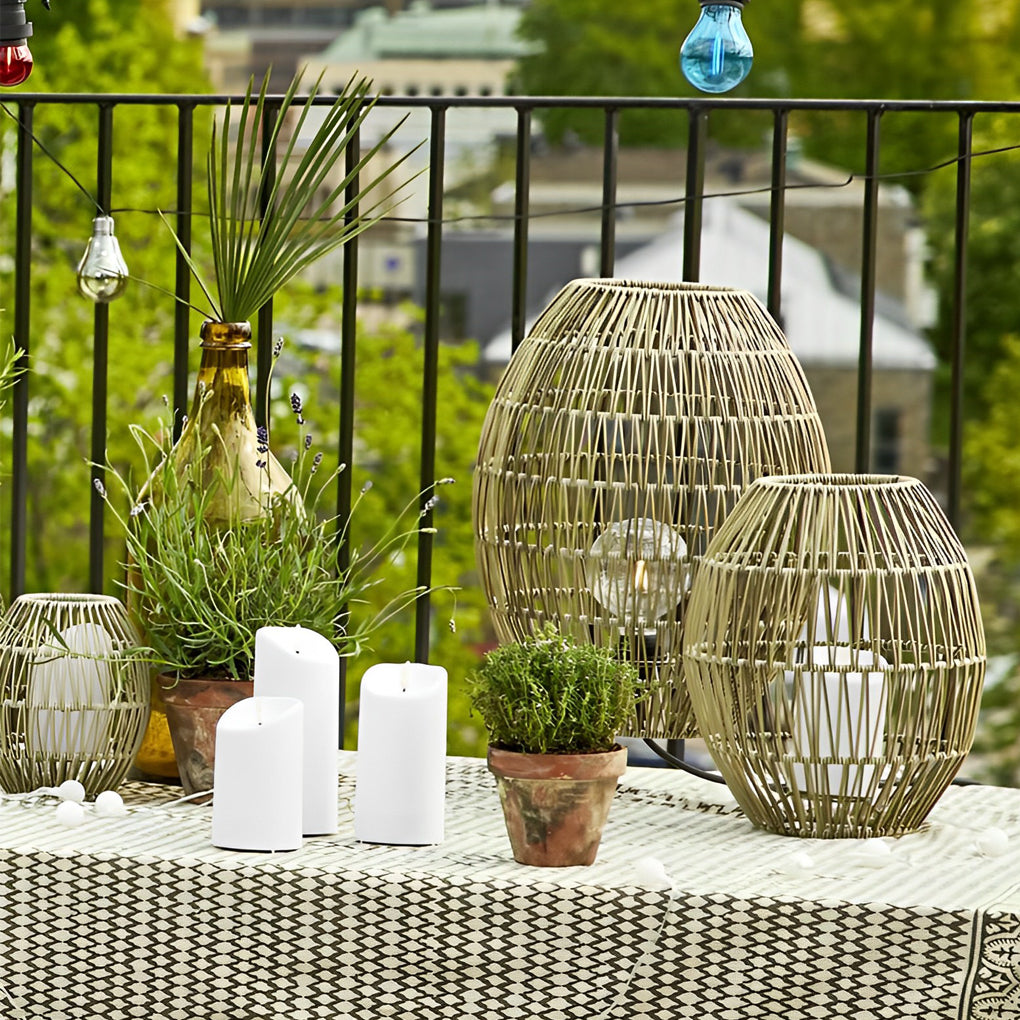 Handcrafted Rattan Oval Cage Outdoor Floor Lamp — Iron Frame, E27, IP65 Weatherproof, 12" × 20"