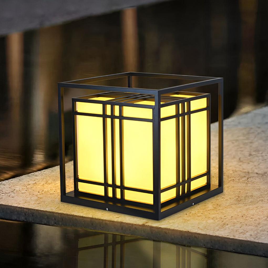 Square Outdoor Post Cap Light — Black Galvanized Steel, Imitation Marble Shade, LED, Waterproof, Hardwired