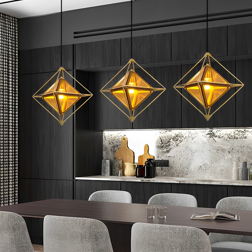Modern Geometric Glass Pendant Light — E27, 16" Diameter, Amber or Smoke Gray, Gold or Black Finish