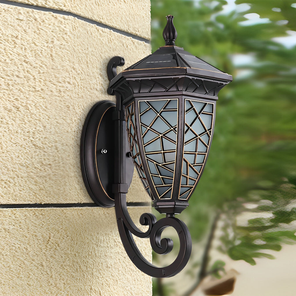Retro-Pattern Solar Outdoor Wall Sconce — Die-Cast Aluminum, Black, IP55 Weatherproof