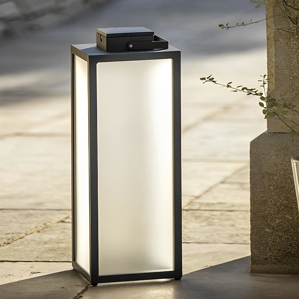 Square Portable Outdoor Lantern — Stainless Steel, Black, LED 3000K, IP65, Solar / Hardwired / Battery, 2 Sizes