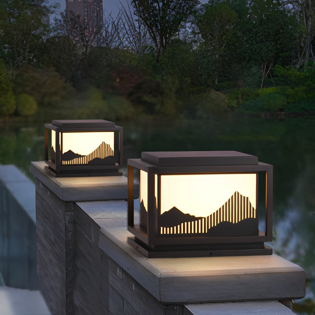 Square Solar Post Cap Light — Galvanized Steel & Acrylic, Mountain Scenery, LED E27, Hardwired / Solar, Warm White 3000K