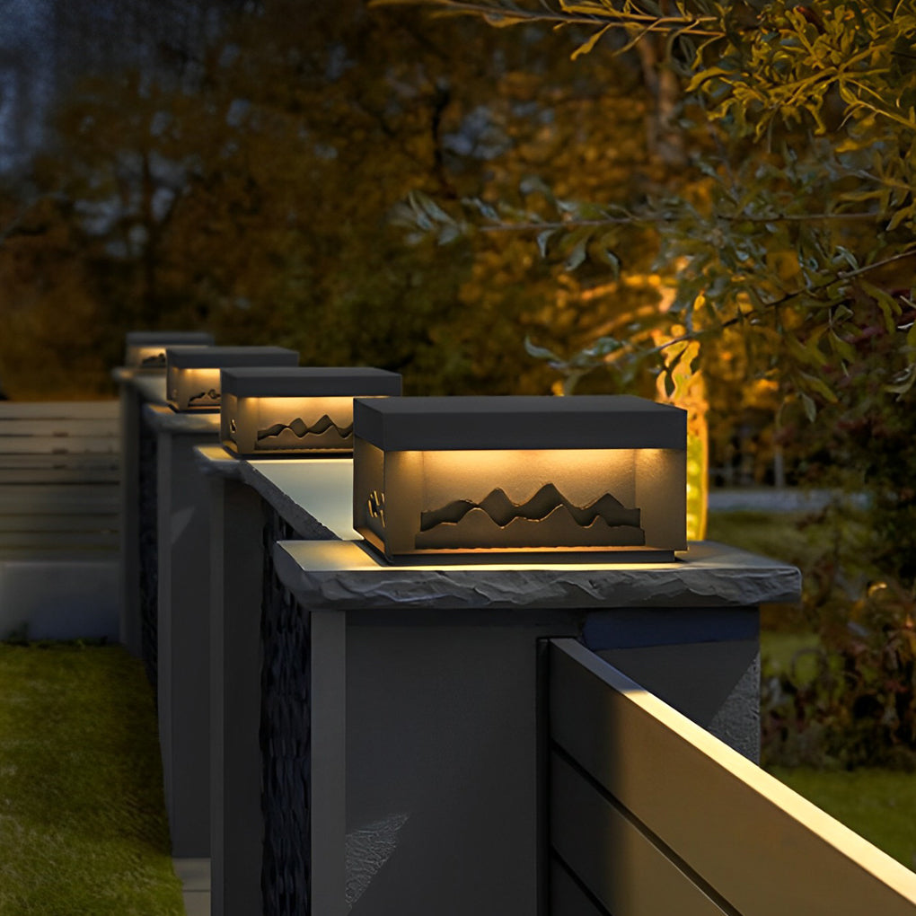 Mountain Scenery Solar Fence Post Light — Black Steel, LED, Waterproof