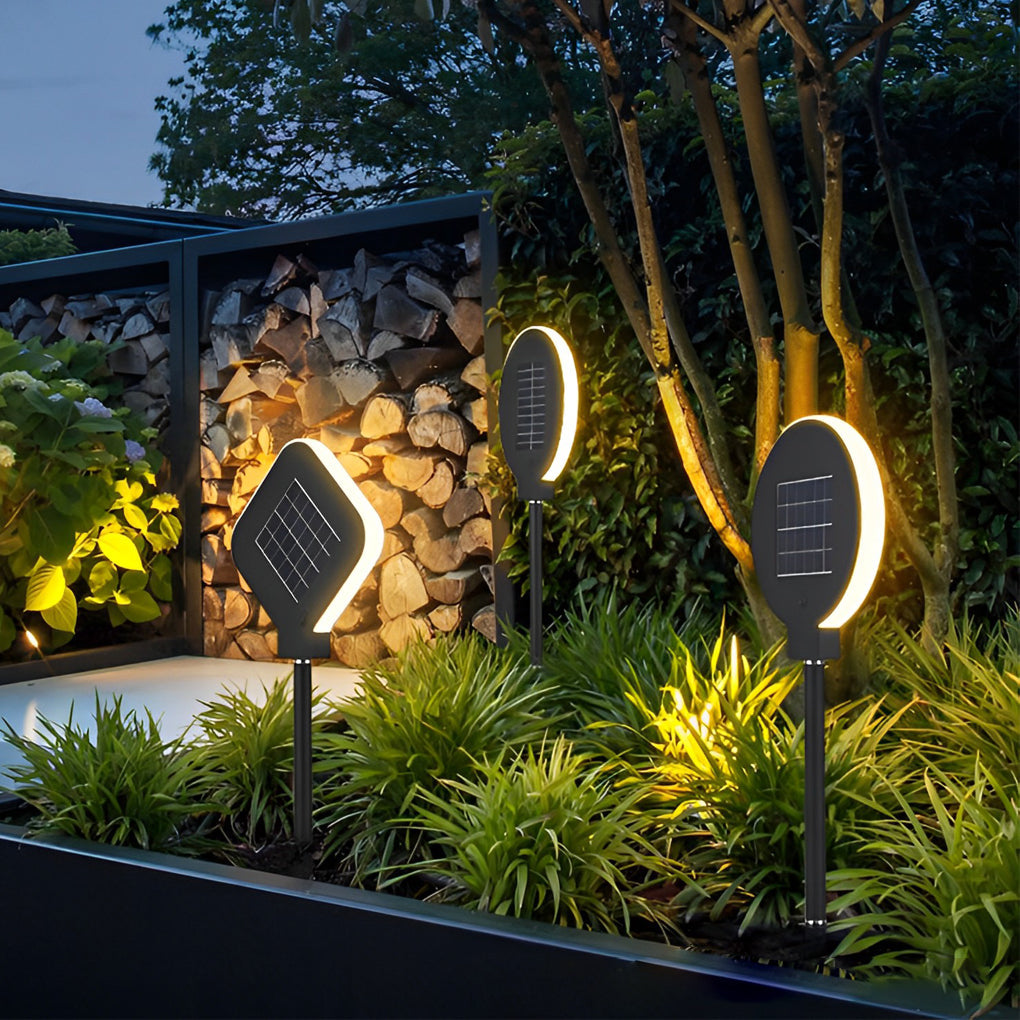 Circular Geometric Solar LED Path Light — Stainless Steel & Silicone, Black, IP54, 3000K Warm White