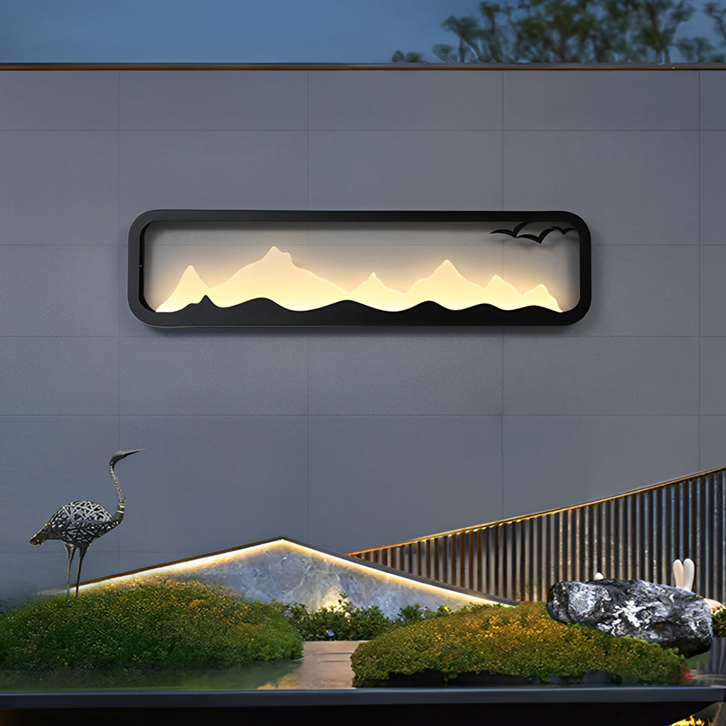 Rectangular Mountain Scenery Outdoor Wall Sconce — Black Iron & Acrylic, Industrial, LED, IP65, 14W–28W, 3000K