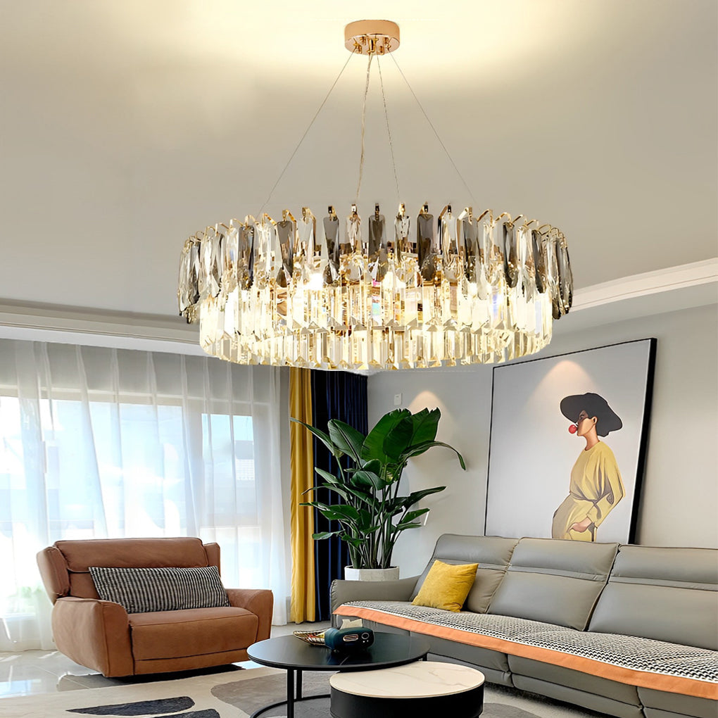 Modern Double-Layer Round Crystal Chandelier — Gold Electroplated Metal, Raindrop Crystal, Adjustable Height, 20"–39" Diameter