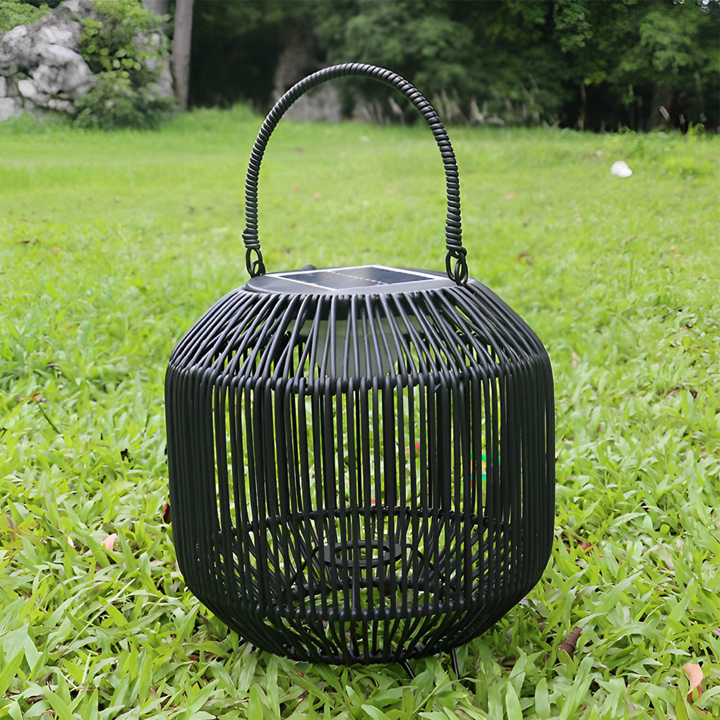 Retro Rattan Portable Outdoor Lantern — Iron and Wicker, Solar-Powered, IP65 Weatherproof, 10" × 16"