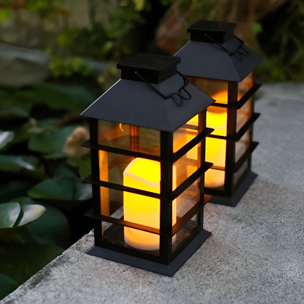 Black Solar Outdoor Portable Lantern — Glass, LED, IP54 Weatherproof, 3000K Warm White