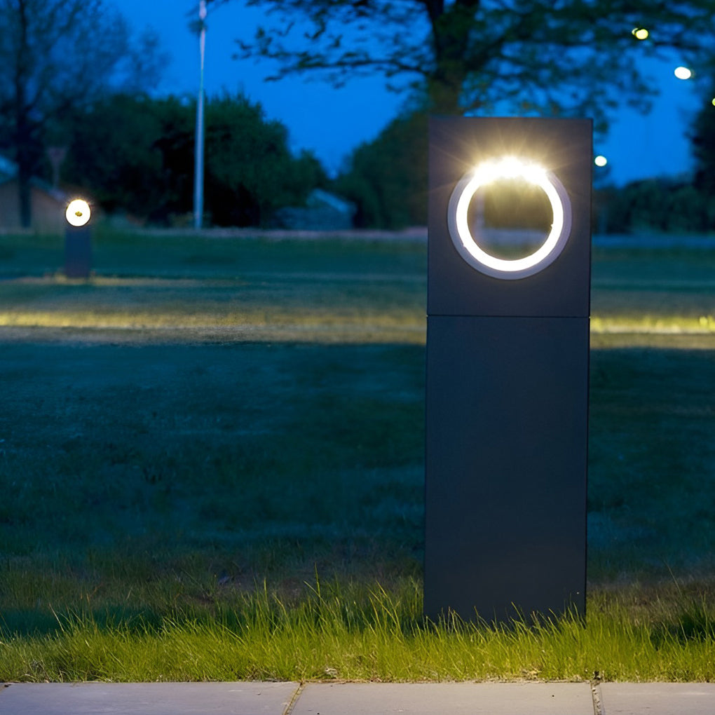 Modern Round-Hole Outdoor Bollard Light — Aluminum & Tempered Glass, 7W LED, IP54, Hardwired