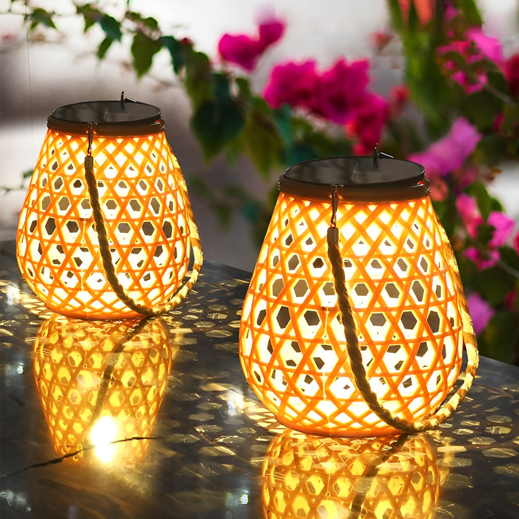 Bamboo and Rattan-Style Portable Outdoor Lantern — Plastic with Hemp Rope, Solar / USB, LED 3000K, IP44, 7.3" × 8.3"