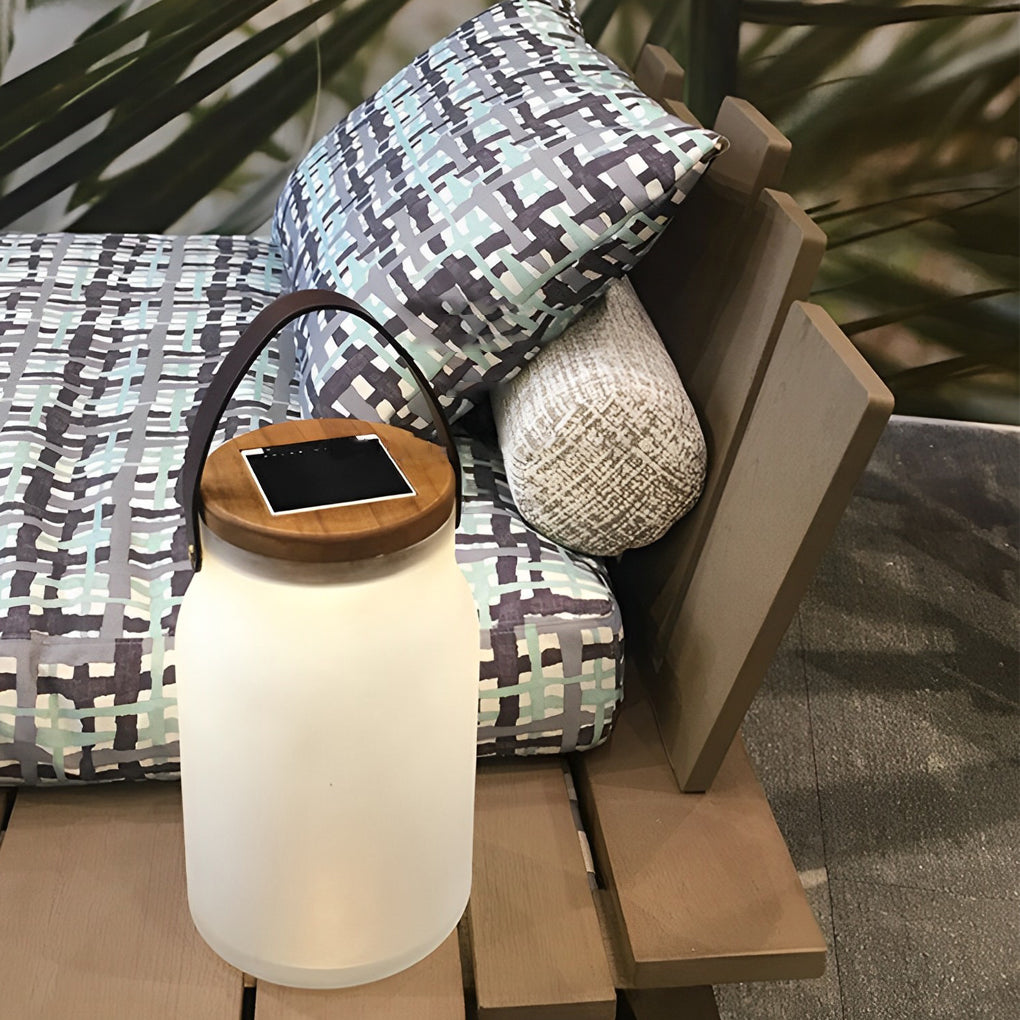 Bottle Jar Solar Portable Lantern — Glass and Teak Wood, LED Waterproof, 9" × 15", White