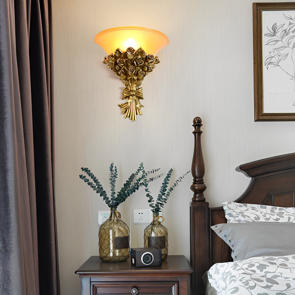 Resin Roses Bouquet Wall Sconce — Glass Shade, Gold or White, E27, 3000K, 12.2" × 12.6"