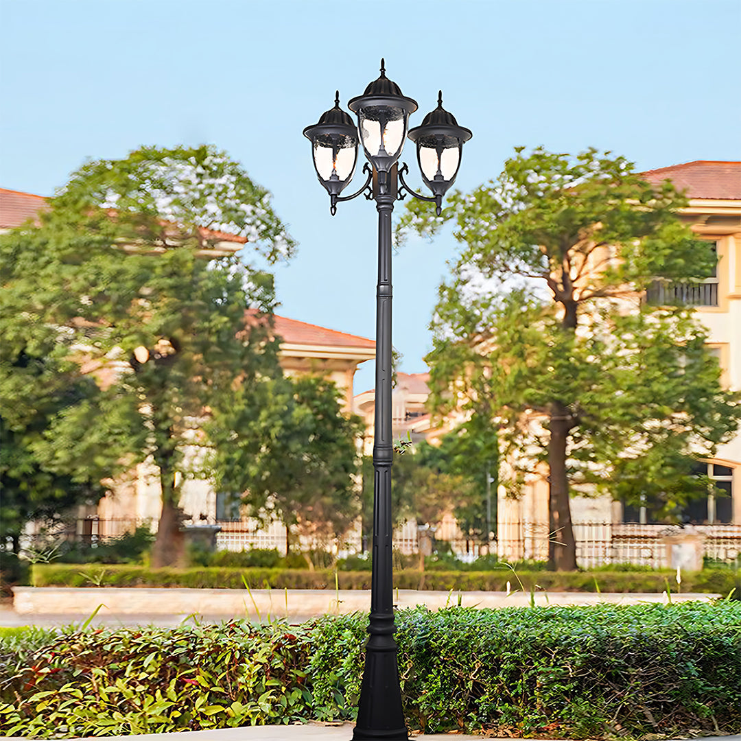 Three-Head Outdoor Post Light — Black Aluminum, 7W LED, IP54, 90.55" Height, E27, 3000K