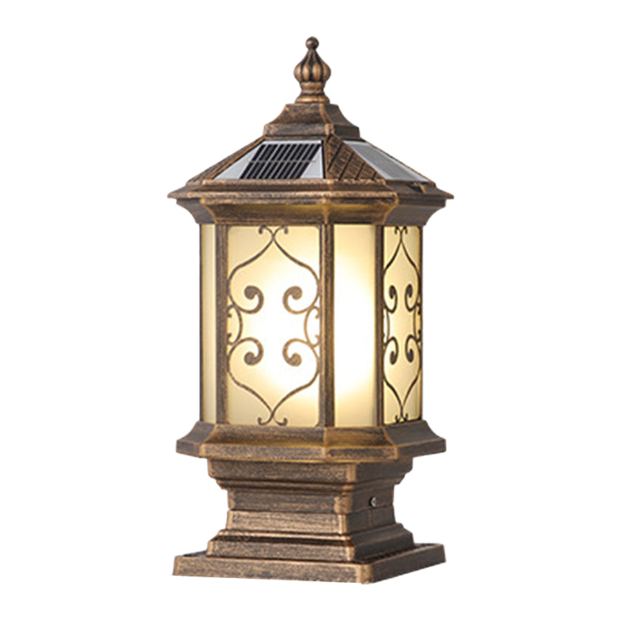 Retro Lantern Outdoor Gate Pillar Light — Die-Cast Aluminum, Frosted Glass, Solar or Hardwired, Black or Bronze