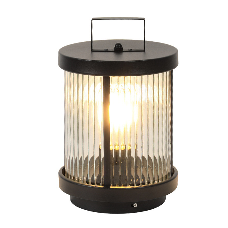 Striped Glass Cylinder Portable Outdoor Lantern — Stainless Steel Handle, LED, Solar / Hardwired, IP54, Warm White 3200K