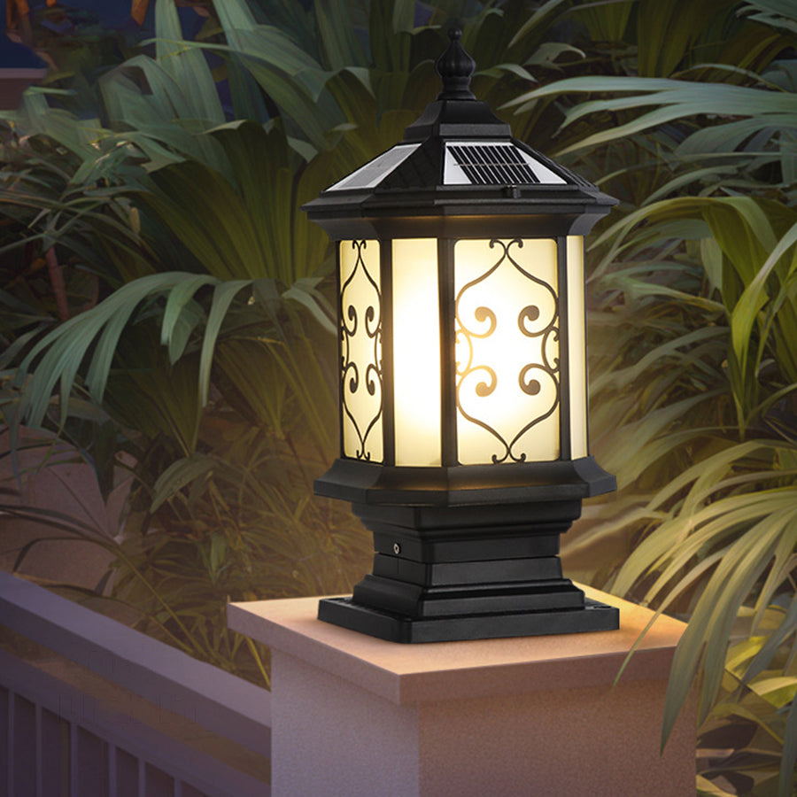 Retro Lantern Outdoor Gate Pillar Light — Die-Cast Aluminum, Frosted Glass, Solar or Hardwired, Black or Bronze